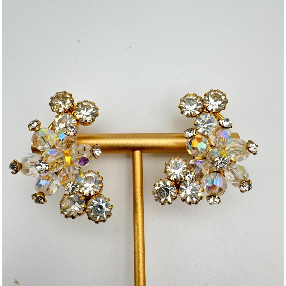 Vintage Aurora Borealis Earrings Clip On Clear AB Rhinestone Climber Cluster